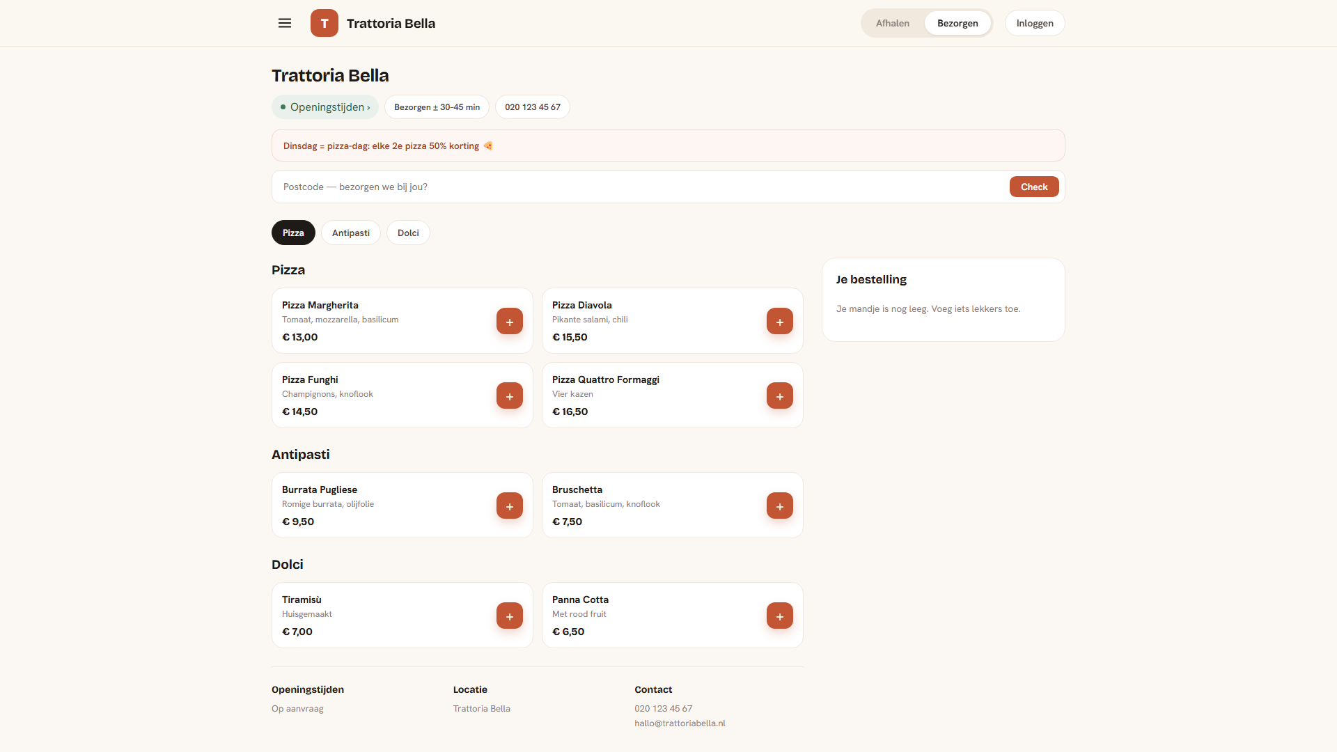 Voorbeeld-bestelsite op een breedbeeldscherm met menu, actiebanner en winkelmandje